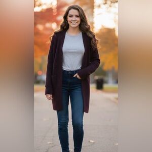 Lands' End Deep Purple Boucle Open Front Cardigan Sweater Size Large